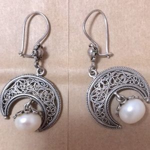 DGS Turkey .925 Silver Earrings Basketweave Design with Dangling Centered Pearl